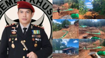 Kapolres Boltim AKBP Golfried Hasiholan Pakpahan dan Tampak Foto Dokumentasi di lokasi PETI  Mintu Atoga Hasil Investasi Resmob Polres Boltim. 
